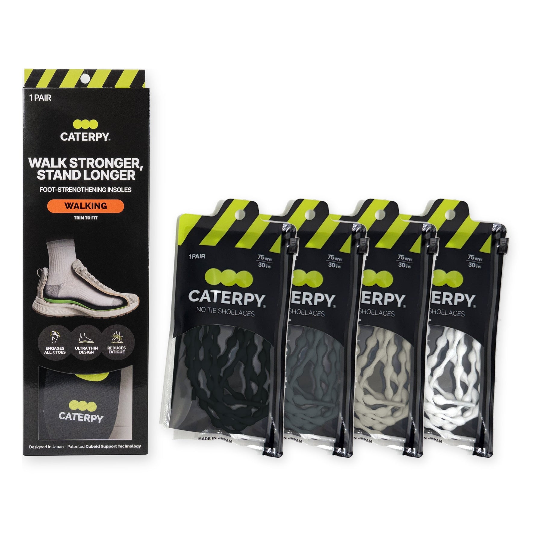 Foot Health Bundle: Cuboid Support Insoles plus Run No-Tie Laces in Jaguar Black, Gunmetal Gray, Ghost Gray and Silky White